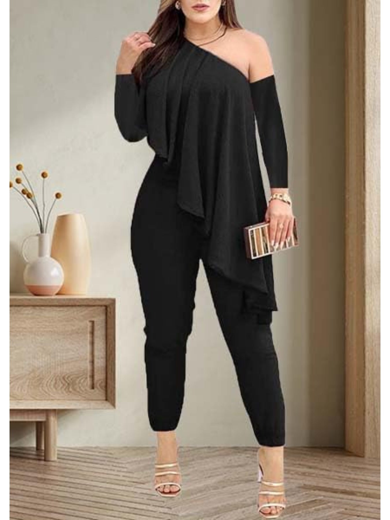 2pcs Sets for Women - Off-Shoulder Pullover & Wide-Leg Pants Outfit, Black Solid Color, Machine Washable All-Season Casual Elegant Outfits for Office, Lunch & Evening Events